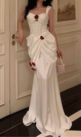 Robe de soirée longue élégante en satin blanc à fleurs, robe de bal ou de mariée Y7461