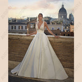 Soft Satin V-Neck Wedding Dresses For Women A-Line Backless Bridal Gowns Sleeveless Insertable Pocket Robe De Mariée