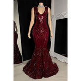 Robe de bal sirène sexy à col en V et paillettes appliquées pour fille noire à couper le souffle