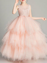 Vestido de gala de gasa sin mangas con cuello joya para niña de las flores de la primera comunión