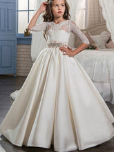 Vestido de gala de encaje y satén con cola de cepillo para bodas, cumpleaños, concursos de belleza y niñas de las flores, con mangas.