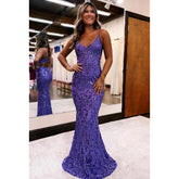 Robe de soirée sexy et scintillante à bretelles spaghetti, col en V, fourreau, dos nu, paillettes