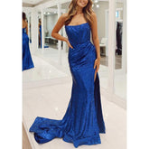 Sequined Detachable Off-shoulder with Side Slit Party Prom Evening Dress