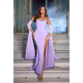 Vestido largo de noche de fiesta con escote corazón, fruncido, pedrería y abertura, estilo tubo, de satén.