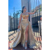 Robe de soirée trapèze détachable à une épaule et perles scintillantes