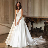 V-neck Sleeveless Wedding Dress 2024 Beading Open Back Court Train Princess Bride Gown SwanSarah P277 Plus Size Vestido De Novia