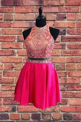 Beaded Two Piece Short Prom Dress Hot Pink Homecoming Dress PD337