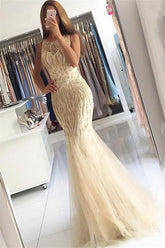 Beadings Crystals Mermaid Tulle Chic Evening Gown Champagne Affordable Formal Dresses