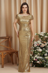 Hermosos vestidos de fiesta de lentejuelas con escote columna y manga corta