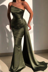 Beautiful Green Strapless Sleeveless Mermaid Floor-Length Prom Dresses with Ruffles