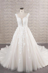 Precioso vestido de novia largo de corte A con apliques de tul y encaje, espalda descubierta