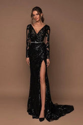 Beautiful Long Black V-neck Mermaid Glitter Evening Dresses with Long Sleeves
