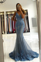 Beautiful Long Mermaid V-neck Appliques Lace Tulle Backless Prom Dress
