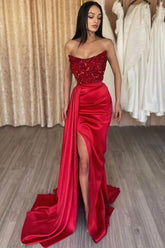 Belle robe de bal longue rouge à paillettes, style sirène, sans bretelles, en satin, avec fente