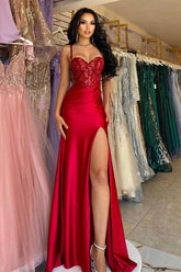 Beautiful Long Red Spaghetti Straps Sequined Lace Sleeveless Prom Dress With Slit