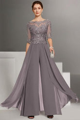 Beautiful Two Pieces Mother of The Bride Dress Chiffon Scoop Half Sleeve Bridesmaid Dresses With Appliques