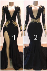 Hermosos vestidos de fiesta de sirena hasta el suelo con escote en V, mangas largas y apliques.