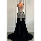 Vestido de fiesta de noche con escote en V, tirantes finos, volantes y pedrería, corte sirena/trompeta