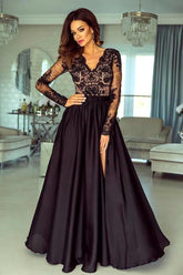 Robe longue de soirée à manches longues en dentelle florale noire