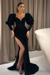Black Lace Mermaid Prom Dress with Long Sleeves and Split