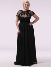 Robe de bal noire grande taille, robe de soirée en mousseline de soie et dentelle appliquée, manches courtes illusion, robe longue pour invitée de mariage, collection exclusive