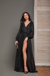 Vestido de fiesta largo con mangas abullonadas y purpurina para mujer, con abertura, ideal para eventos formales de noche (SYP01)