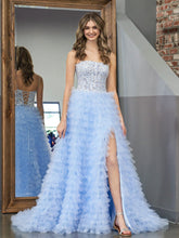 Robe de bal longue bleu ciel en tulle à sequins et sequins, coupe trapèze, à volants
