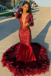 Burgundy Evening Gowns Sexy Deep V-Neck Long Sleeves Mermaid Prom Dress With Sequins