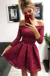 Burgundy Lace Off-the-Shoulder Long Sleeves Homecoming Dresses PD338