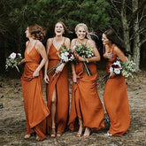 Baoleely Simple Sleeveless V Neck Burnt Orange Bridesmaid Dresses