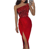 Robe longue fendue à sequins, couleur unie, sexy et élégante, asymétrique à une épaule – Idéale pour les occasions spéciales