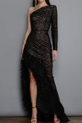 Robes de soirée sexy à ourlet asymétrique en résille orné de plumes et épaules dénudées