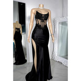 Robe de soirée sexy et tendance, sans manches, avec appliques, fourreau, fente latérale