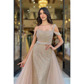 Robe de soirée asymétrique sexy et chaude, entièrement perlée, avec superposition