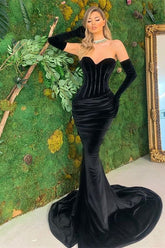 Robe de bal sirène noire à décolleté cœur, robe de soirée longue en velours