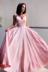 A-line Pink Spaghetti-Straps V-neck Long Prom Dress