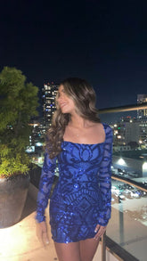 Vestido ajustado azul con escote cuadrado, vestido sexy para fiesta de bienvenida Y676