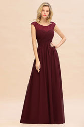 Cap Sleeve Burgundy Evening Maxi Gown Chiffon Floor Length Bridesmaid Dress