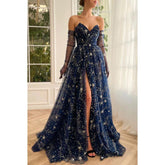 Vestido largo de fiesta de corte A, sin tirantes, con escote en V, tul con estrellas y abertura