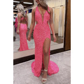 Robe de soirée empire illusion sans manches à paillettes et col en V avec fente latérale