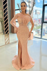 Champagne Simple One-shoulder Long-Sleeve Mermaid Sequined Floor-Length Prom Dresses