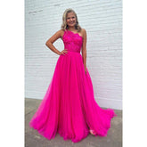 Encantador vestido de fiesta formal de tul sin mangas, largo, de corte A, con un solo hombro