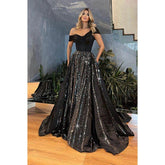 Vestido de fiesta formal con mangas casquillo, hombros descubiertos, largo y brillante, corte A