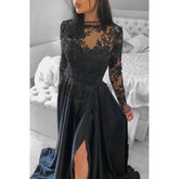 Robe de soirée noire élégante en dentelle illusion à manches longues et décolleté bateau
