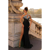 Robe de bal longue en satin à une épaule, chic et perlée, avec fente