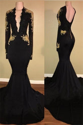 Vestidos de fiesta elegantes en negro y dorado, vestidos de noche sexys con escote en V profundo y mangas largas