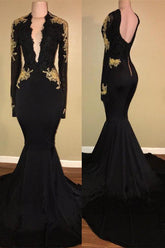 Chic Black prom dress Mermaid Long Sleevess Evening Party Gowns