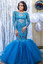 Chic Blue Long Sleeves Lace Prom Dresses Affordable Fit and Flare Open Back Evening Dresses