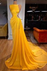 Robe de bal longue jaune vif chic, fente sirène