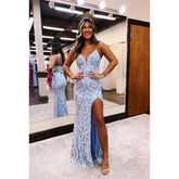 Vestido elegante y chic para fiesta de graduación, con escote en V, tirantes finos y abertura.